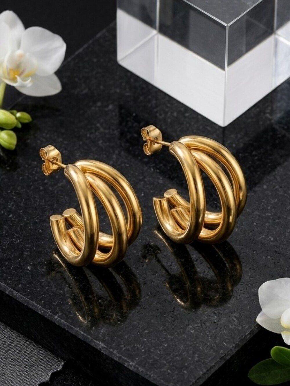 18K Gold Plated Chunky Triple Hoop Earrings Sculptural Clean Girl 0.65"